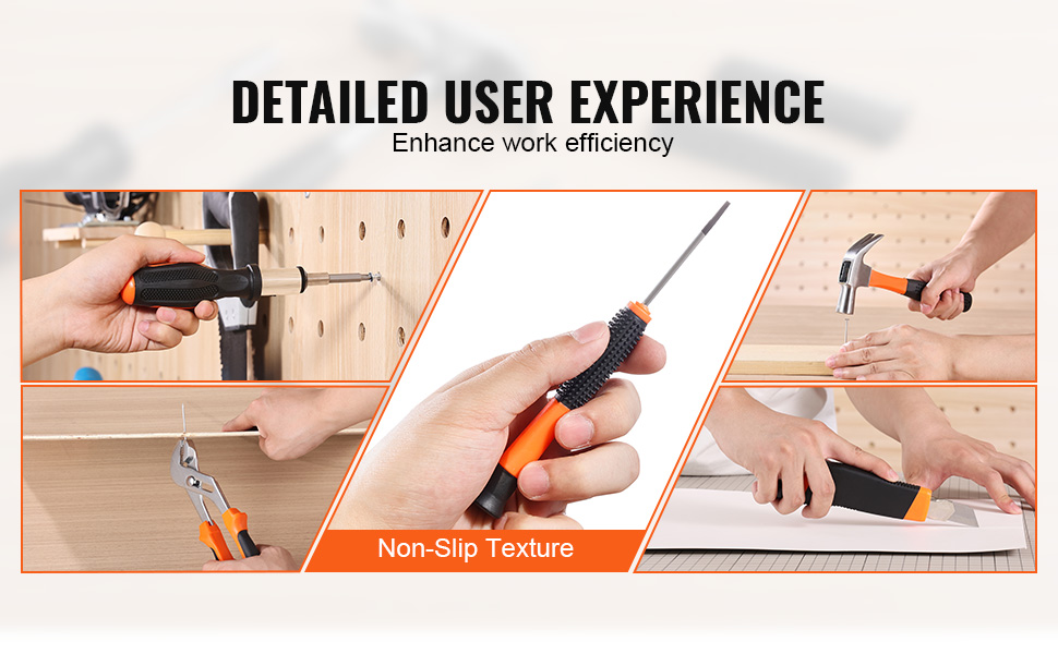 VEVOR tool kit in use; screwdriver, pliers, and hammer, showcasing non-slip texture for efficiency.