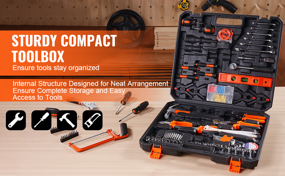 sturdy compact toolbox with assorted VEVOR tool kit accessories, neatly arranged on a wooden surface.
