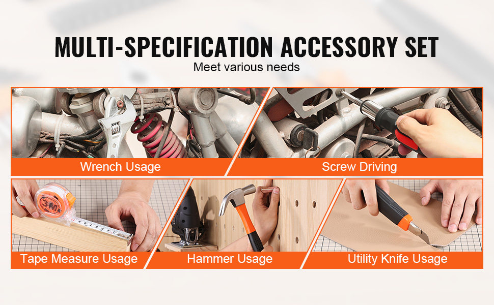 multi-specification accessory set showcasing VEVOR tool kit for wrench, screwdriver, tape measure, hammer, utility knife.