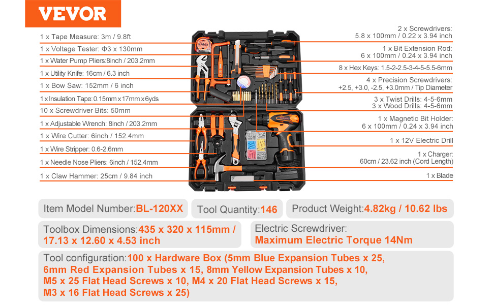 black VEVOR tool kit with various tools, including screwdrivers, pliers, electric drill, and hardware.