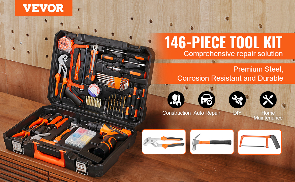 VEVOR tool kit: 146-piece set in open case on workbench, ideal for construction, repair, and home maintenance.