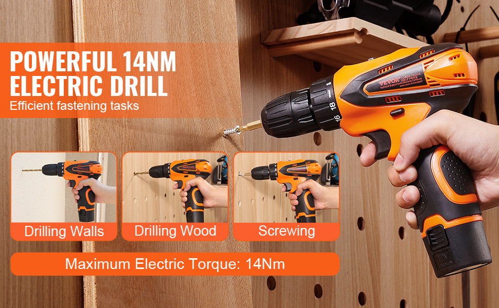 powerful 14nm electric drill by VEVOR tool kit for drilling walls, wood, and screwing with ease.