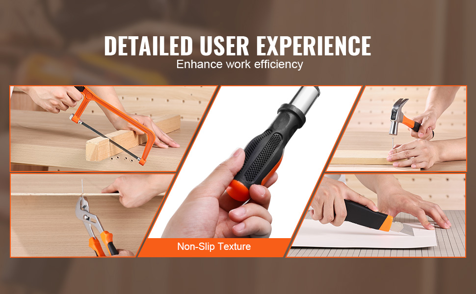 hands using various tools from the VEVOR tool kit, showcasing saw, pliers, and hammer with non-slip grip.