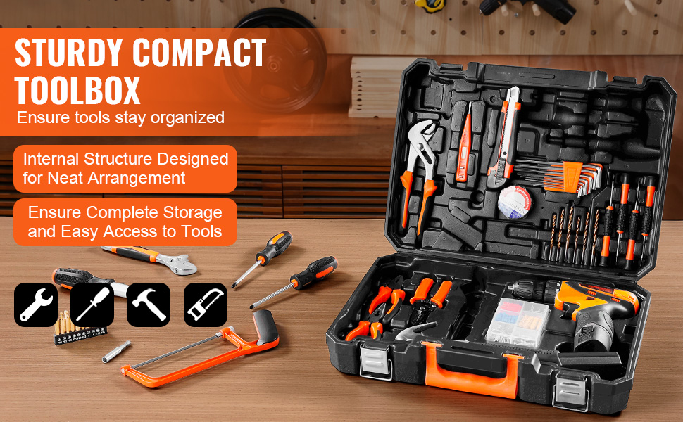 sturdy compact toolbox with neatly arranged tools for complete storage and easy access; VEVOR tool kit.