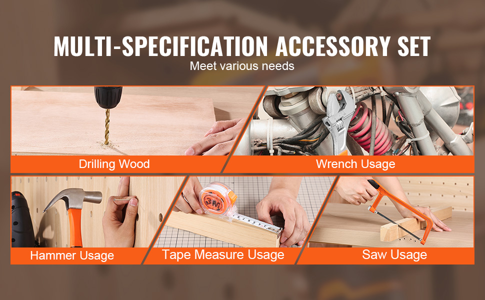 multi-specification VEVOR tool kit showcasing drilling, wrench, hammer, tape measure, and saw usage.