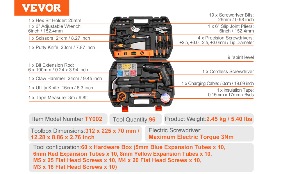 VEVOR tool kit with 96 tools in an orange and black case, featuring a cordless screwdriver and essentials.