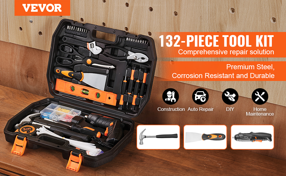 VEVOR tool kit, 132-piece, premium steel, corrosion-resistant, for construction, auto repair, diy, home maintenance.