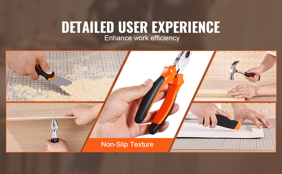 hands using VEVOR tool kit with non-slip texture for cutting, hammering, and plier tasks on wood.