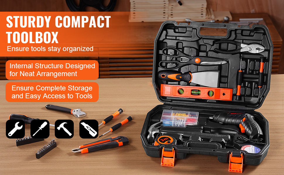 VEVOR tool kit, sturdy compact toolbox with organized tools for easy access and complete storage.
