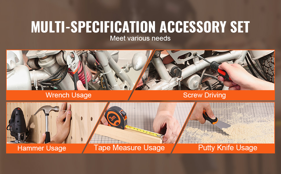 multi-specification accessory set featuring wrench, screw driving, hammer, tape measure, and putty knife usage.