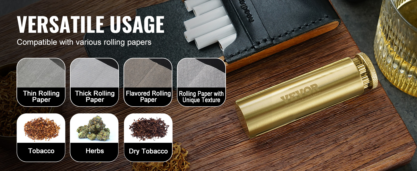 VEVOR cigarette rolling machine with various rolling papers and compatible materials like tobacco and herbs.