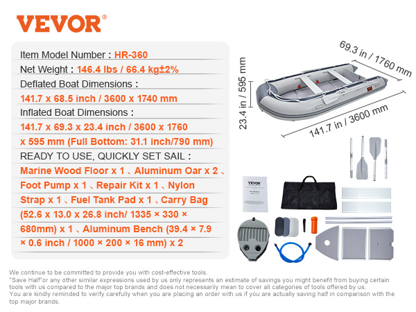 VEVOR inflatable dinghy boat package includes aluminum oars, foot pump, repair kit, strap, and carry bag.