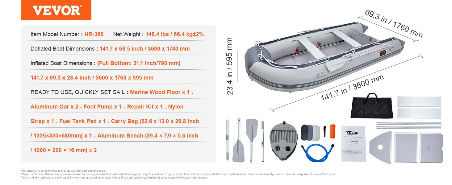 VEVOR inflatable dinghy boat package includes aluminum oars, foot pump, repair kit, strap, and carry bag.