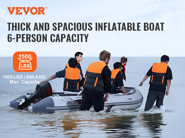 VEVOR inflatable dinghy boat with 6-person capacity in water, supporting up to 1500 lbs.