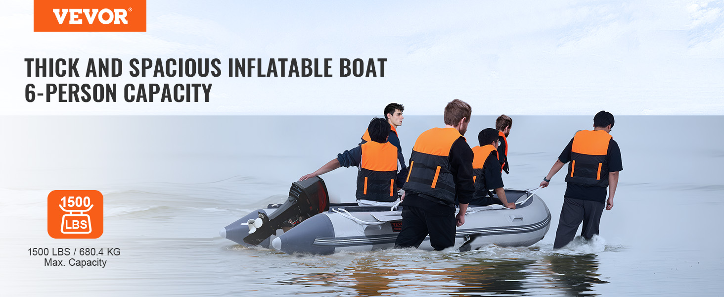 VEVOR inflatable dinghy boat with 6-person capacity in water, supporting up to 1500 lbs.