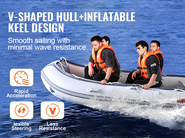 VEVOR inflatable dinghy boat on water with v-shaped hull and inflatable keel design for smooth sailing.