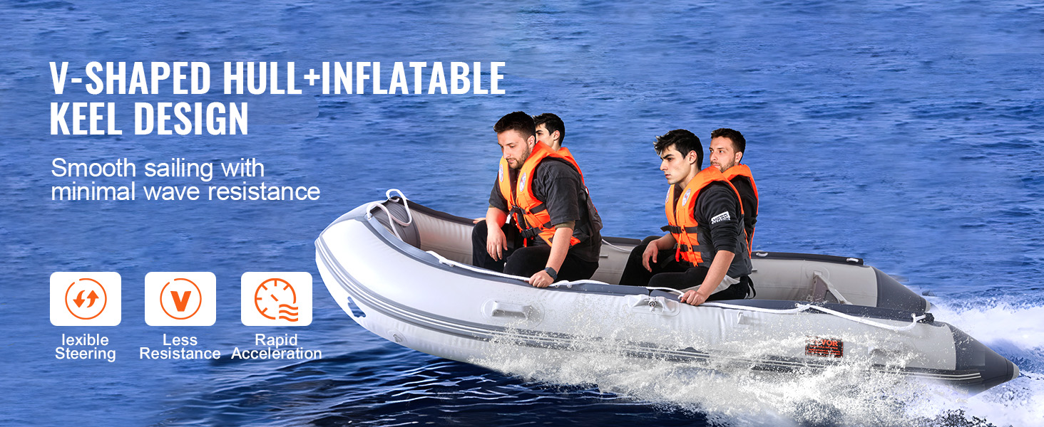 VEVOR inflatable dinghy boat on water with v-shaped hull and inflatable keel design for smooth sailing.