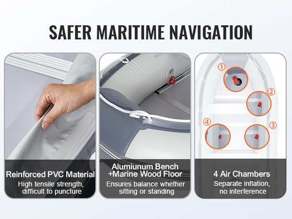 VEVOR inflatable dinghy boat features reinforced pvc, aluminum bench with marine wood floor, and 4 air chambers.