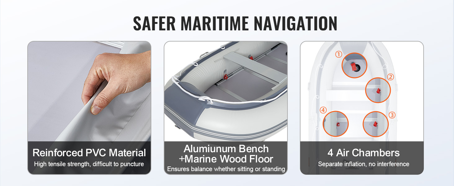 VEVOR inflatable dinghy boat features reinforced pvc, aluminum bench with marine wood floor, and 4 air chambers.