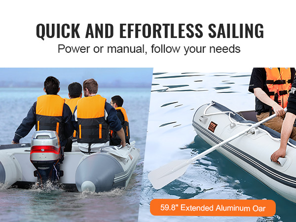 VEVOR inflatable dinghy boat with motor and manual rowing options for quick and effortless sailing.