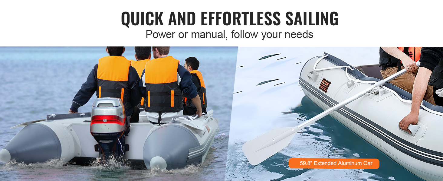 VEVOR inflatable dinghy boat with motor and manual rowing options for quick and effortless sailing.