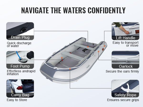 VEVOR inflatable dinghy boat features a drain plug, foot pump, carry bag, lift handle, oarlock, and safety rope.