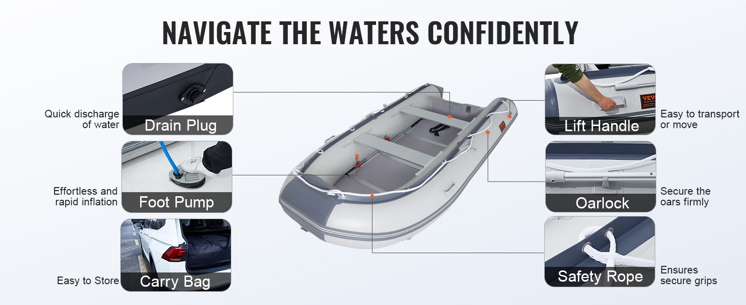 VEVOR inflatable dinghy boat features a drain plug, foot pump, carry bag, lift handle, oarlock, and safety rope.