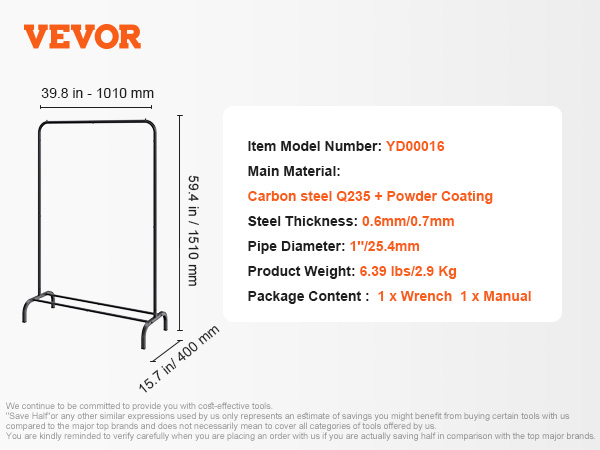 VEVOR clothes rack with carbon steel q235, 39.8in width, 59.4in height, 6.39 lbs weight.