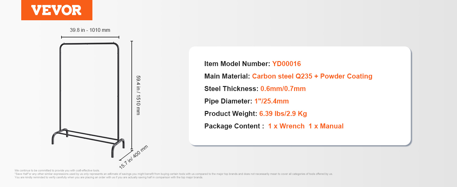 VEVOR clothes rack with carbon steel q235, 39.8in width, 59.4in height, 6.39 lbs weight.