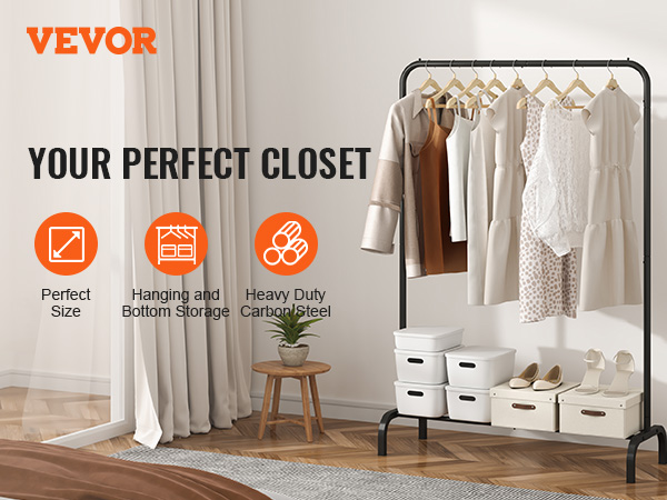 VEVOR clothes rack with hanging garments, boxes, and storage bins in a bright, organized room.