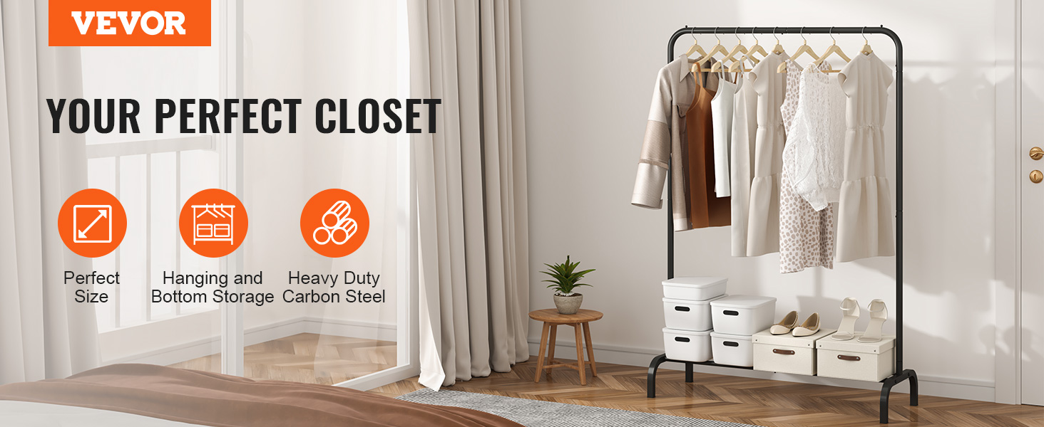 VEVOR clothes rack with hanging garments, boxes, and storage bins in a bright, organized room.