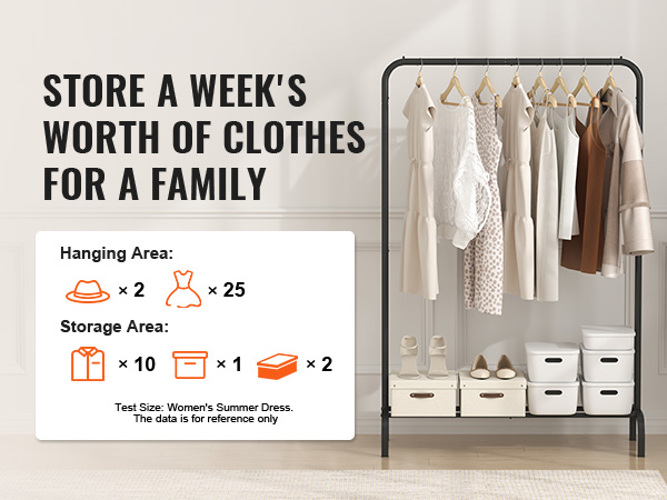 VEVOR clothes rack with hanging clothes, storage boxes, and a plant beside a window in a bright room.