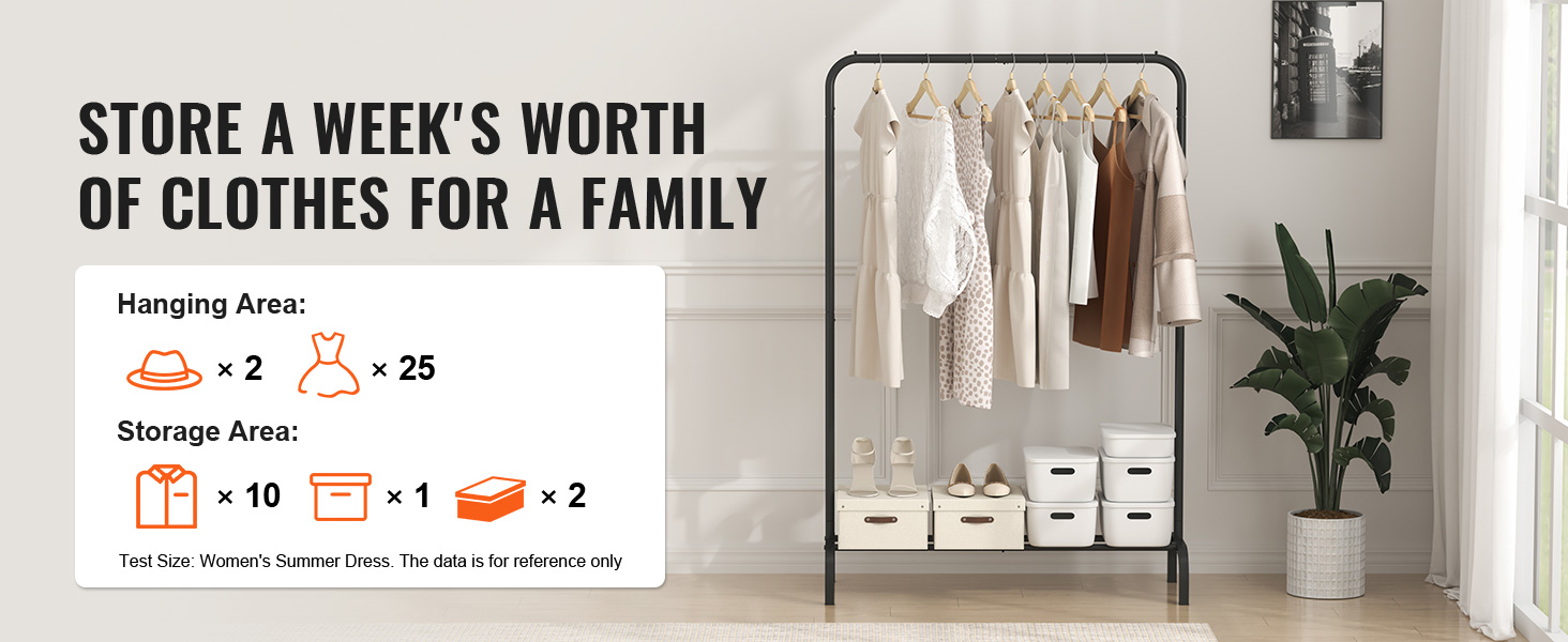 VEVOR clothes rack with hanging clothes, storage boxes, and a plant beside a window in a bright room.