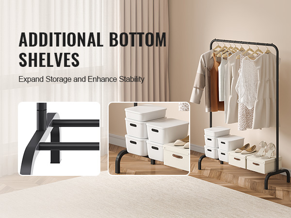 VEVOR clothes rack with bottom shelves, storage boxes, and hanging clothes in a stylish room setting.