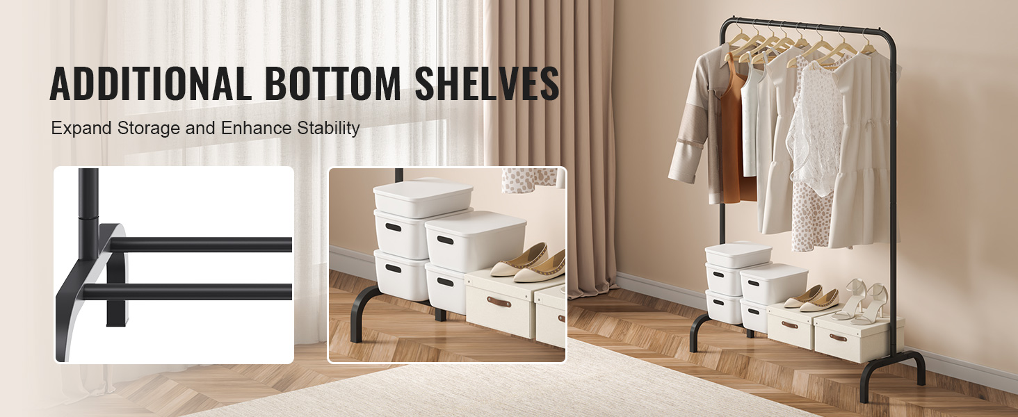VEVOR clothes rack with bottom shelves, storage boxes, and hanging clothes in a stylish room setting.
