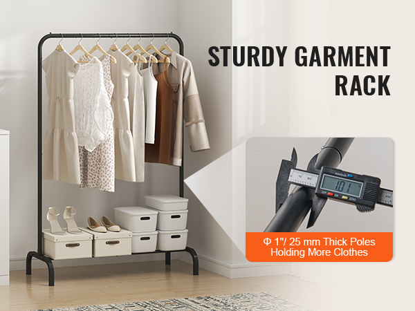VEVOR clothes rack with hanging clothes and storage boxes, featuring sturdy 1" thick poles.