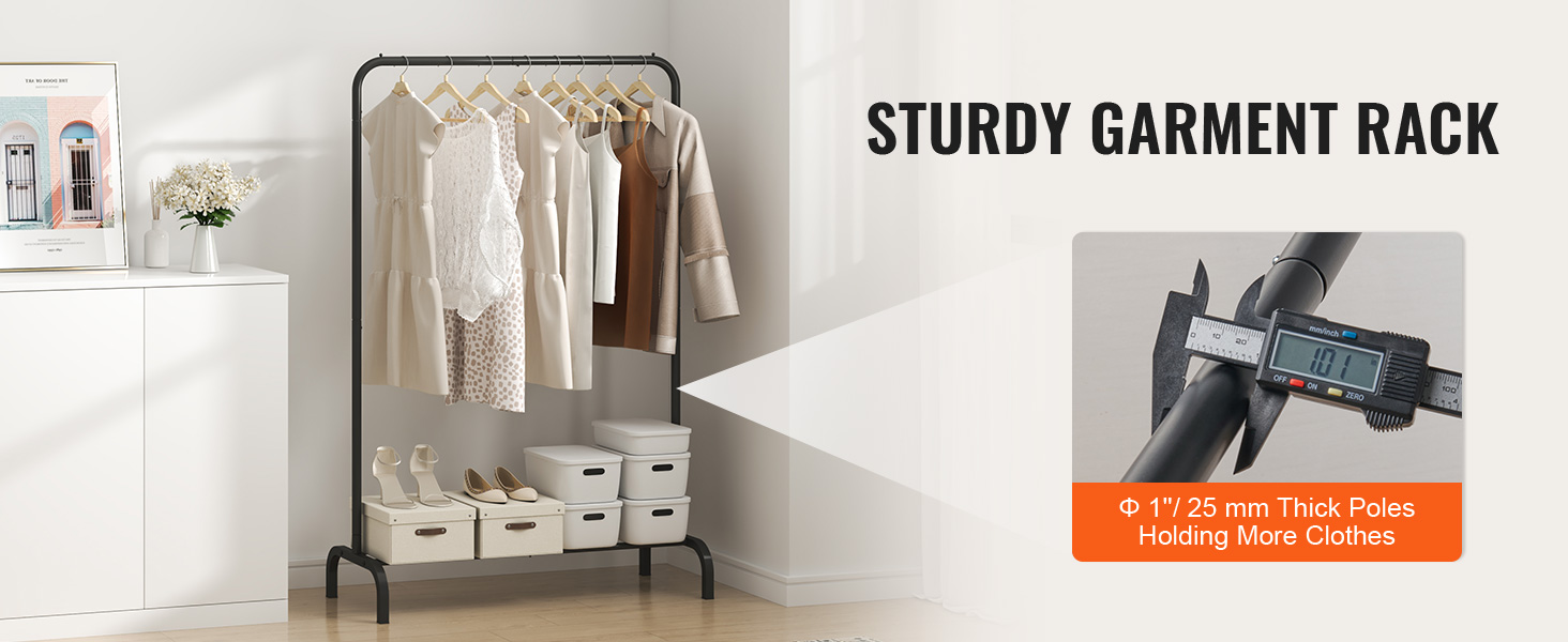 VEVOR clothes rack with hanging clothes and storage boxes, featuring sturdy 1" thick poles.
