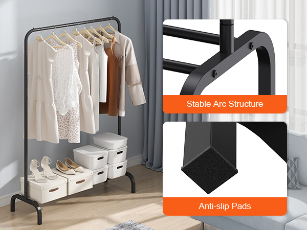 VEVOR clothes rack with hanging garments, storage boxes, stable arc structure, and anti-slip pads.