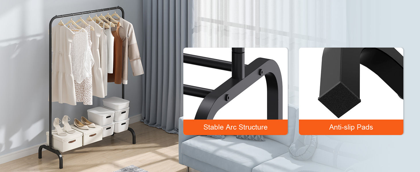 VEVOR clothes rack with hanging garments, storage boxes, stable arc structure, and anti-slip pads.