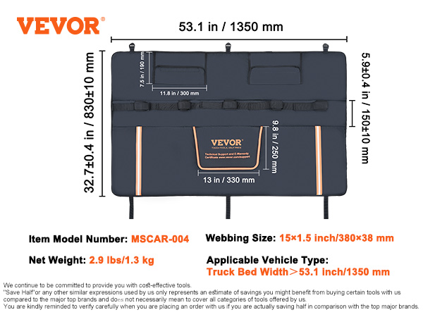 VEVOR tailgate pad specifications: fits 53.1 in truck beds, 15x1.5 in webbing size, 2.9 lbs weight.