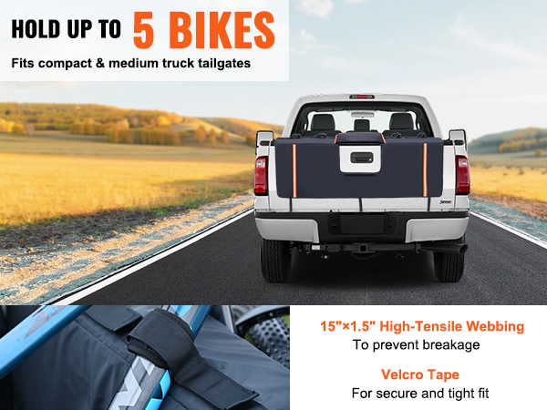 VEVOR tailgate pad fits compact and medium truck tailgates, holds up to 5 bikes securely with velcro straps.