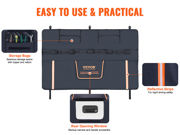 VEVOR tailgate pad with storage bags, reflective strips, and rear opening window for easy access.