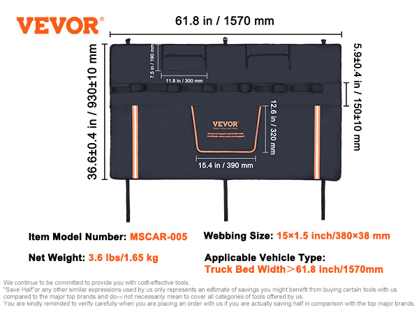 VEVOR tailgate pad mscar-005 for truck beds >61.8 inches, 15x1.5 inch webbing, 3.6 lbs.
