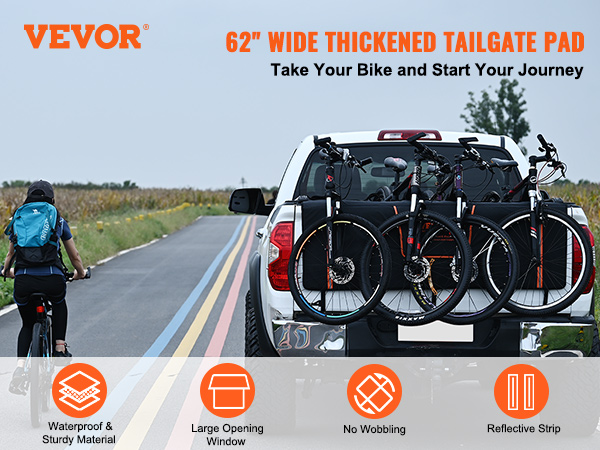 VEVOR tailgate pad securing bicycles on a pickup truck, cyclist riding along a rural road.