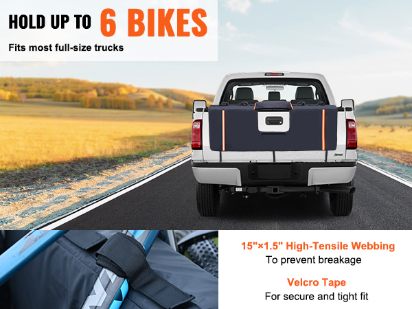VEVOR tailgate pad holding up to six bikes in a full-size truck on a rural road. features high-tensile webbing.