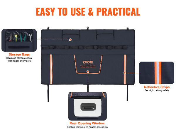 VEVOR tailgate pad with rear opening window, storage bags with tools, and reflective strips.