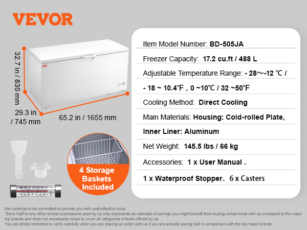 VEVOR chest freezer with 4 storage baskets, 17.2 cu.ft. capacity, direct cooling, adjustable temperature.