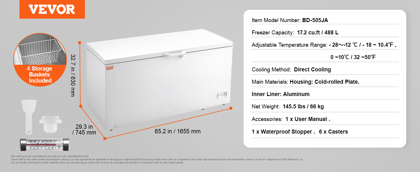 VEVOR chest freezer with 4 storage baskets, 17.2 cu.ft. capacity, direct cooling, adjustable temperature.