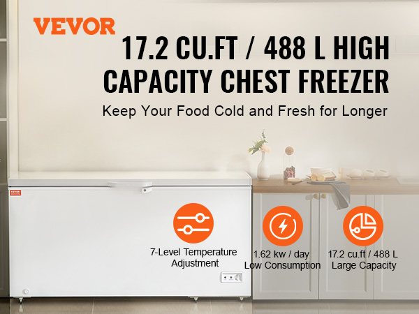 VEVOR chest freezer, 17.2 cu.ft, 488l, low consumption, large capacity, 7-level temperature adjustment.