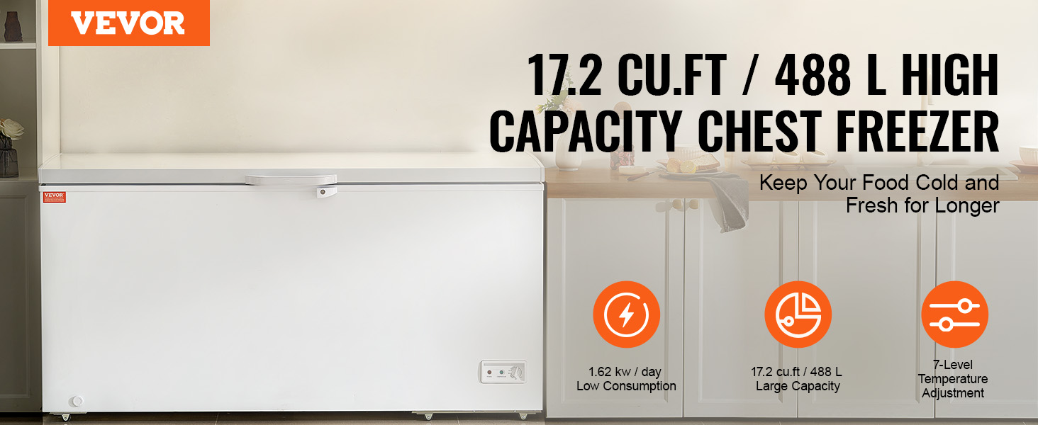 VEVOR chest freezer, 17.2 cu.ft, 488l, low consumption, large capacity, 7-level temperature adjustment.